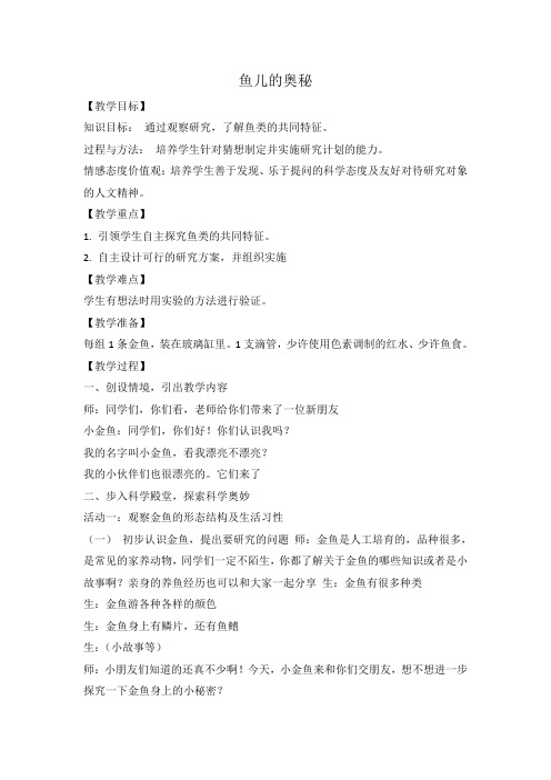 四年级上册科学教案-鱼儿的奥秘-大象版