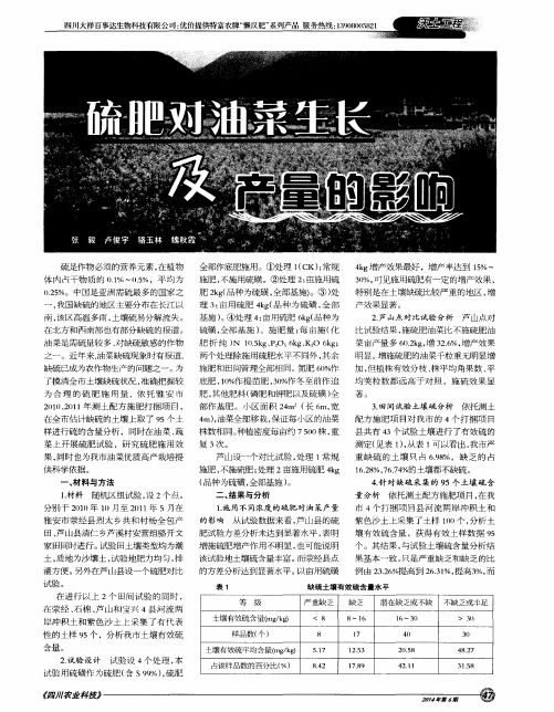 硫肥对油菜生长及产量的影响