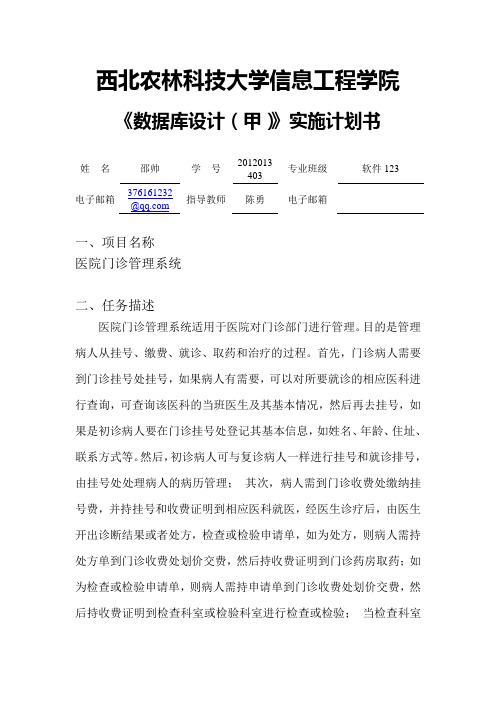 数据库医院门诊管理系统 实施计划书