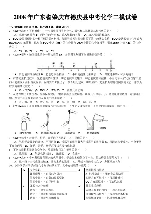 2008年广东省肇庆市德庆县中考化学二模试卷