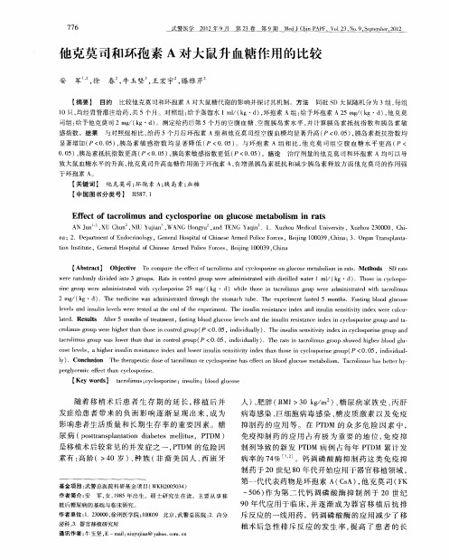 他克莫司和环孢素A对大鼠升血糖作用的比较