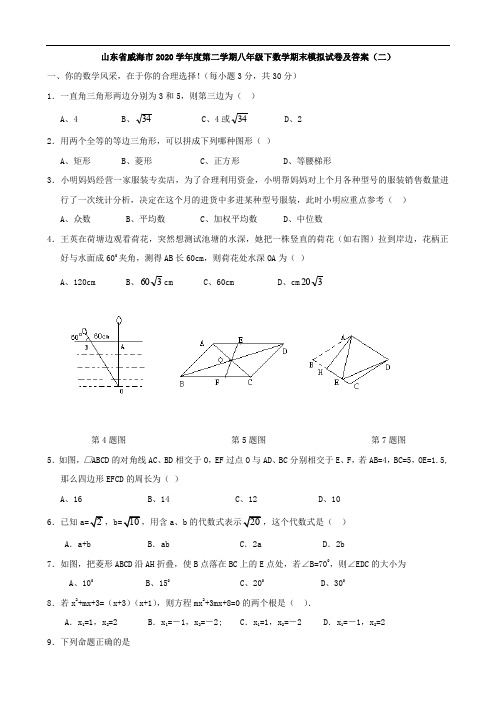2020年八年级下数学期末模拟试卷(二)及答案 新教材 新大纲 练习 测试 模拟 复习 考试 期中 期末 中考.doc