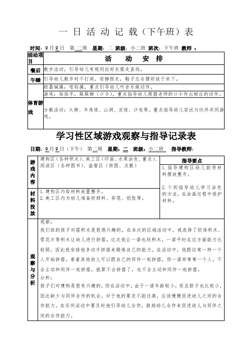 幼儿园小班上学期第二周下午备课