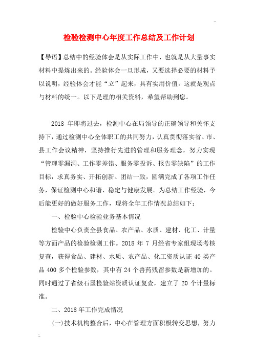 检验检测中心年度工作总结及工作计划