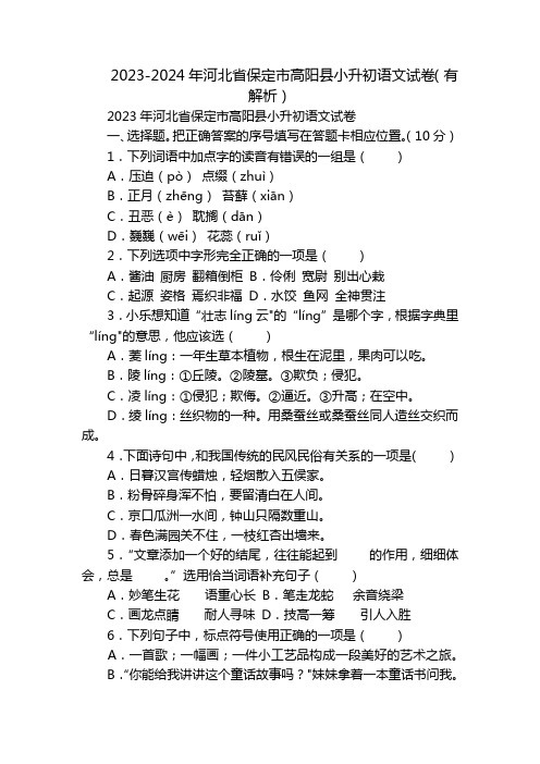 2023-2024年河北省保定市高阳县小升初语文试卷(有解析)