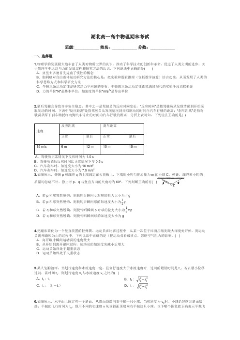 湖北高一高中物理期末考试带答案解析
