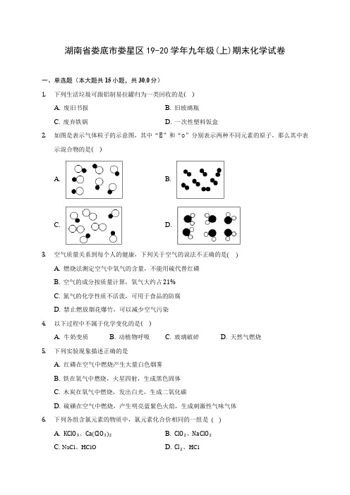 湖南省娄底市娄星区19-20学年九年级(上)期末化学试卷 (含答案解析)
