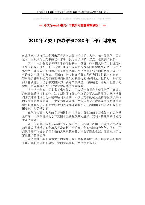 【精编范文】201X年团委工作总结和201X年工作计划格式-优秀word范文 (1页)