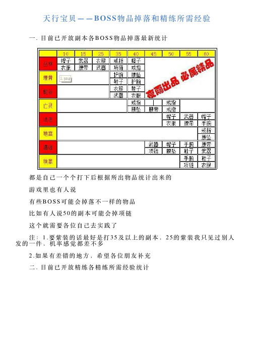 天行宝贝——BOSS物品掉落和精练所需经验