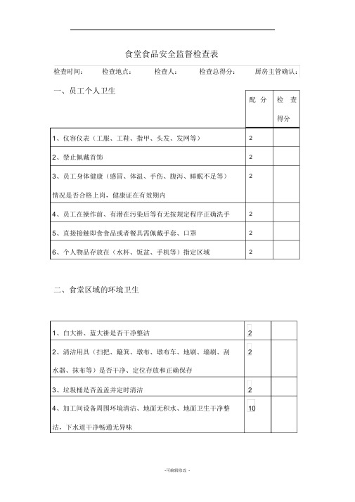 食堂食品安全监督检查表