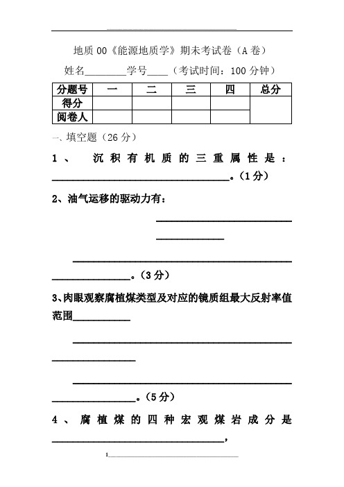 中国矿业大学《能源地质学》考研试卷-试题A