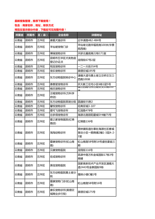 新版云南省昆明市五华区宠物医院企业公司商家户名录单联系方式地址大全45家