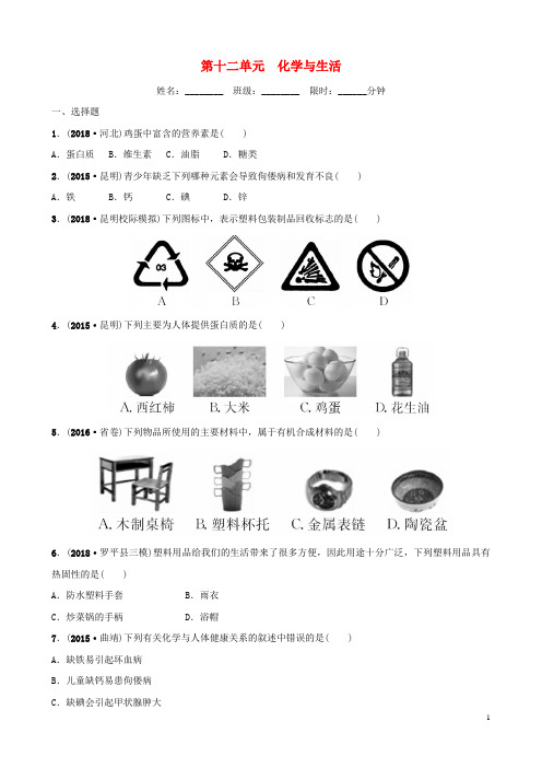 云南省2018年中考化学总复习 第十二单元 化学与生活训练