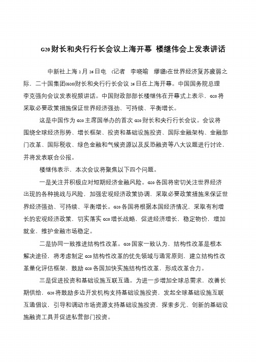 G20财长和央行行长会议上海开幕 楼继伟会上发表讲话
