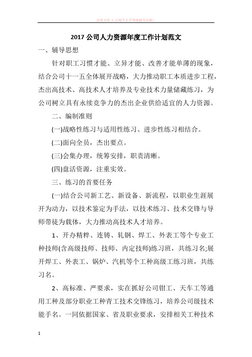2017公司人力资源年度工作计划范文