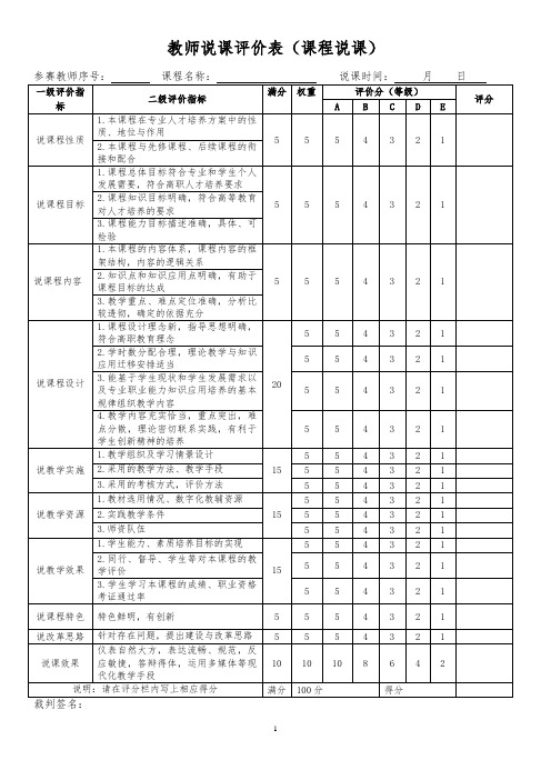 教师说课评价表(课程说课)