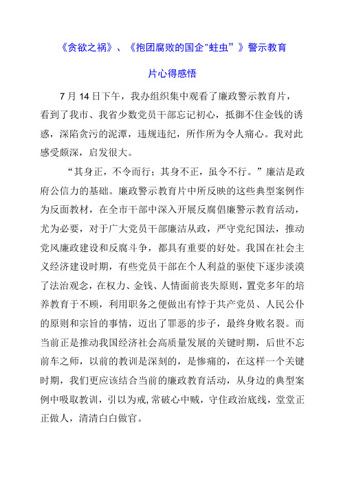 2023年《贪欲之祸》、《抱团腐败的国企“蛀虫”》警示教育片心得感悟