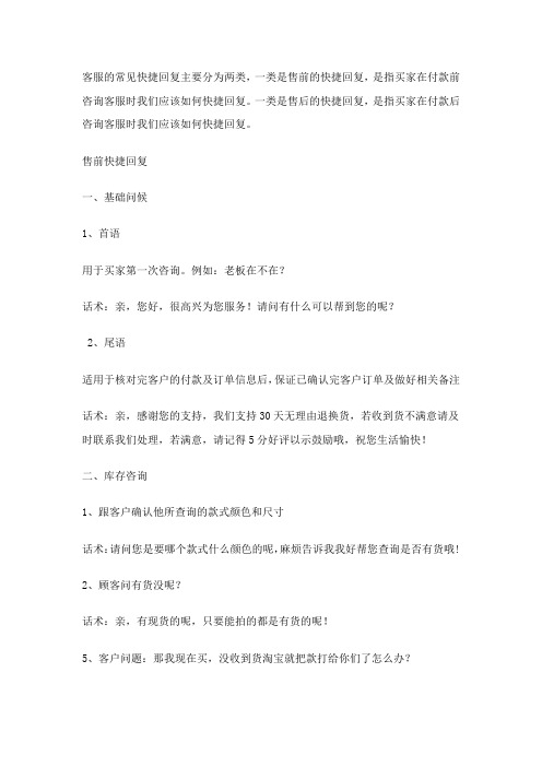淘宝客服常见快捷回复语