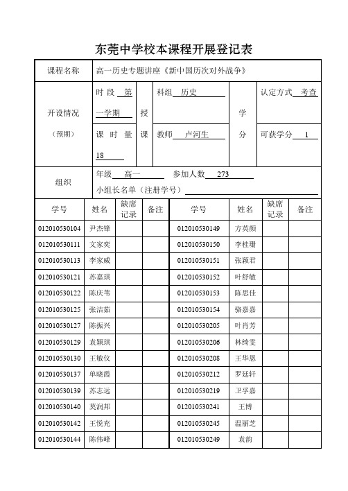 东莞中学校本课程开展登记表
