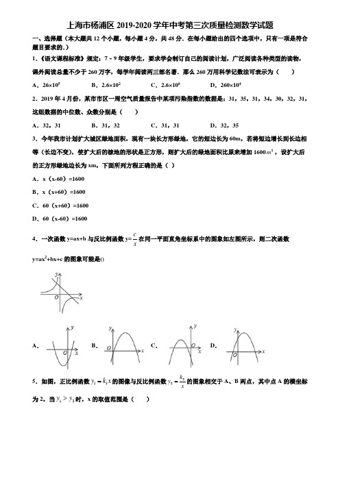 上海市杨浦区2019-2020学年中考第三次质量检测数学试题含解析