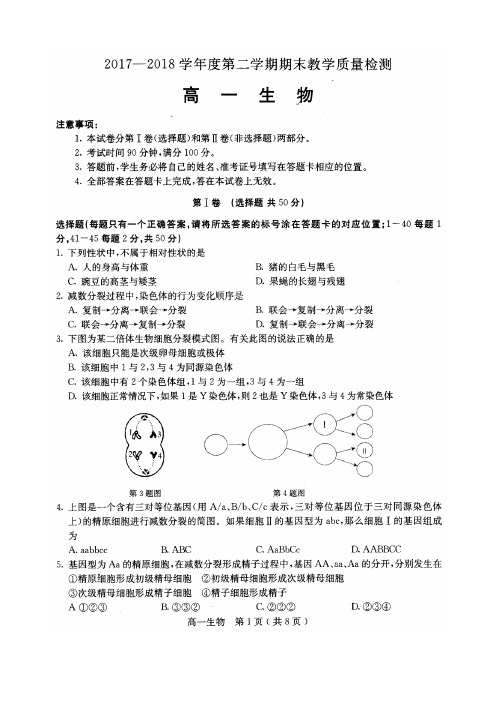 石家庄市2017-2018学年度第二学期高一生物期末考试试卷含答案