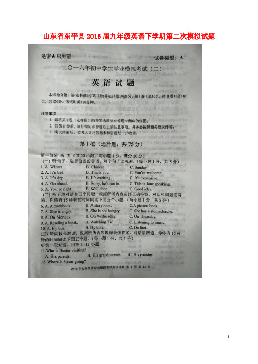 山东省东平县2016届九年级英语下学期第二次模拟试题(扫描版)