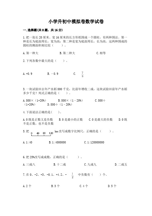 小学升初中模拟卷数学试卷附答案(精练)