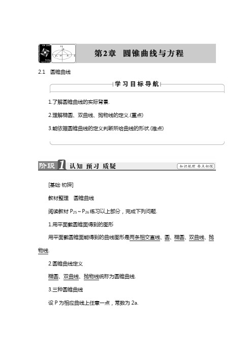 高中数学苏教版选修1-1学案：第2章 1 圆锥曲线含解析