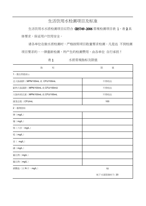 生活饮用水检测项目及标准