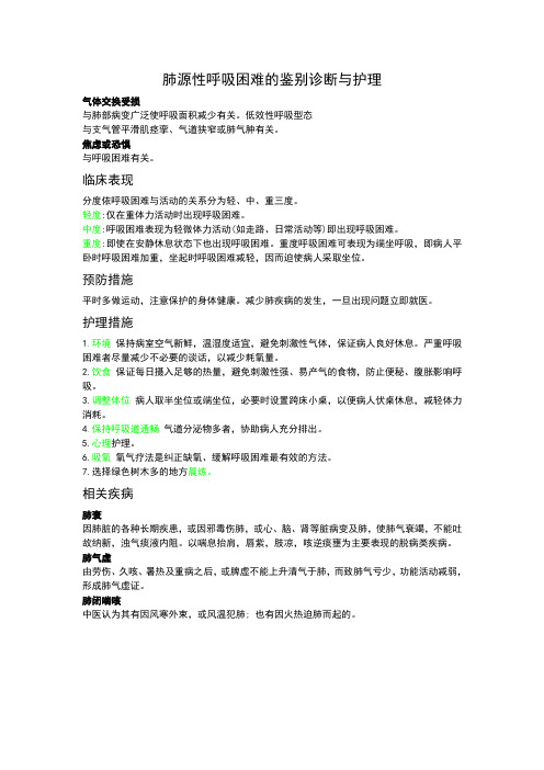 肺源性呼吸困难鉴别诊断及护理汇总