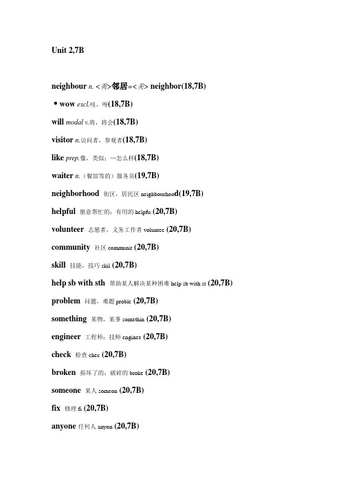 苏教版(译林2012)英语教材词汇 U2, 7下