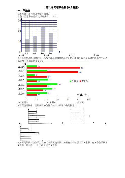 【三套试卷】青岛市小学四年级数学下册第七单元教材检测题及答案