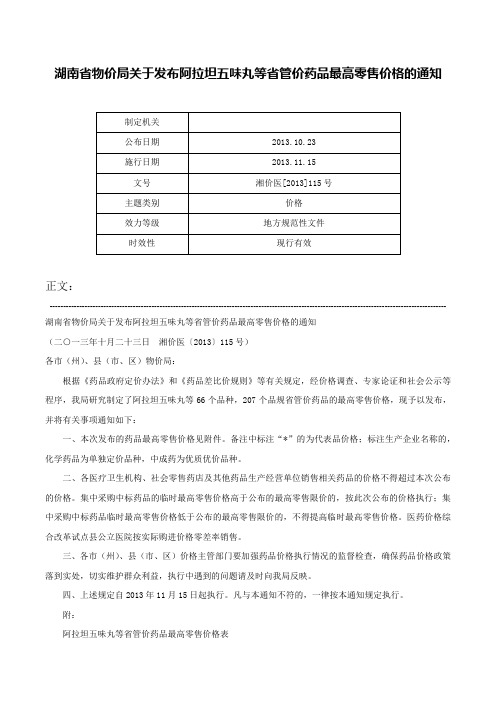 湖南省物价局关于发布阿拉坦五味丸等省管价药品最高零售价格的通知-湘价医[2013]115号