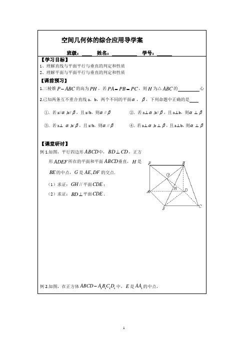 2013-2014学年高三数学一轮复习导学案：空间几何体的综合应用