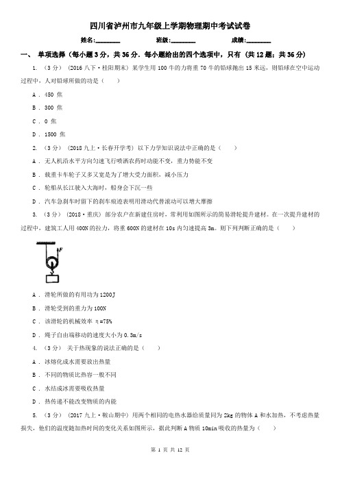 四川省泸州市九年级上学期物理期中考试试卷