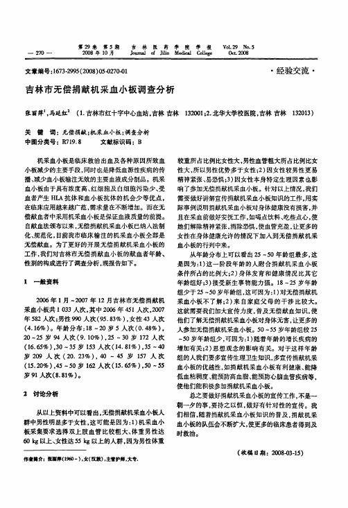 吉林市无偿捐献机采血小板调查分析
