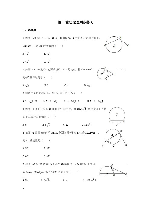 【数学九年级下】北师大版 圆 垂径定理 同步测试练习(答案)