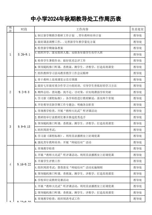 中小学2024年秋期教导处工作周历表