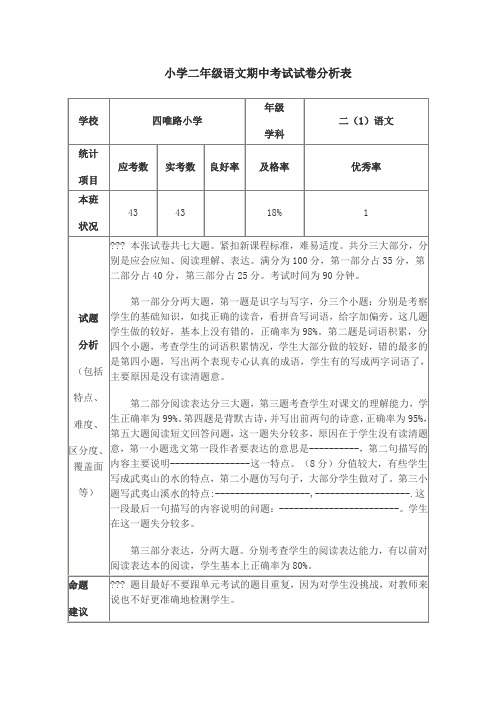 小学二年级语文期中考试试卷分析表