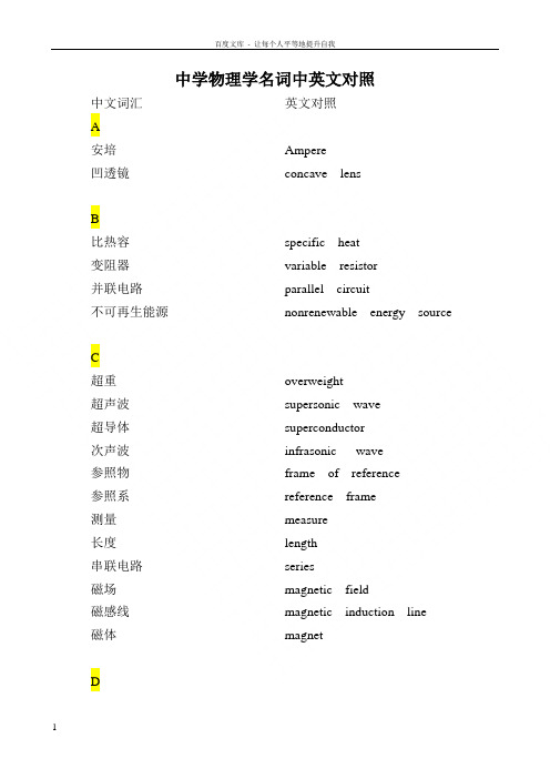 中学物理学名词中英文对照汇总
