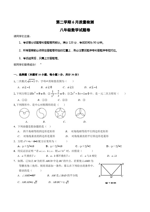 八年级下册6月月考数学试卷及答案