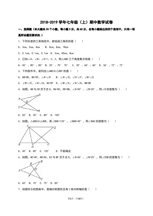 2018-2019学年鲁教版七年级上册期中数学试题含答案