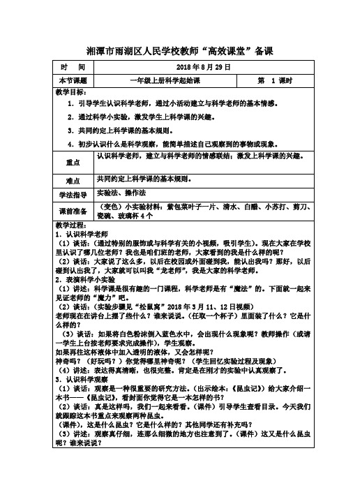 湘教版一年级上册科学模板备课