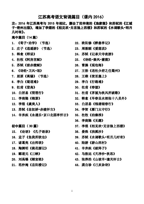江苏高考语文背诵篇目(课内2016最新)课件