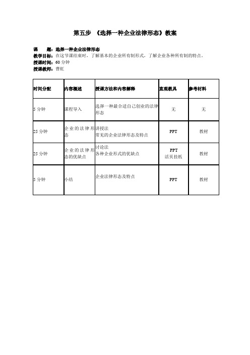第五步 选择一种企业法律形态的教案