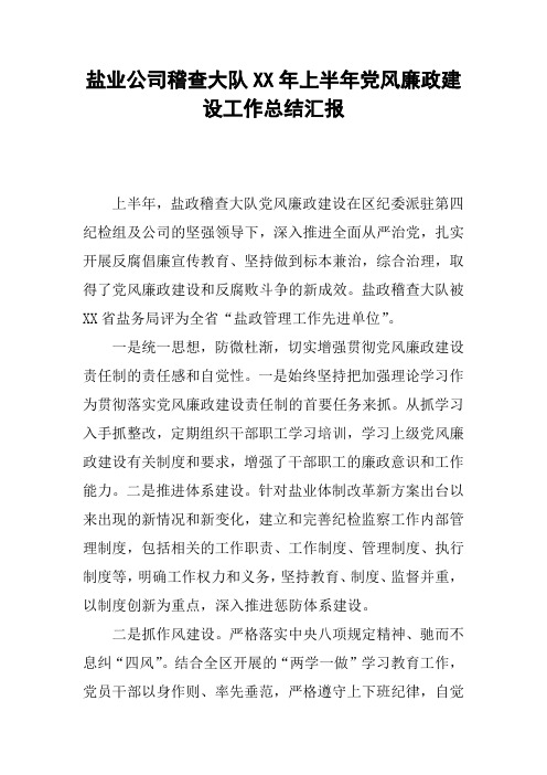 盐业公司稽查大队XX年上半年党风廉政建设工作总结汇报