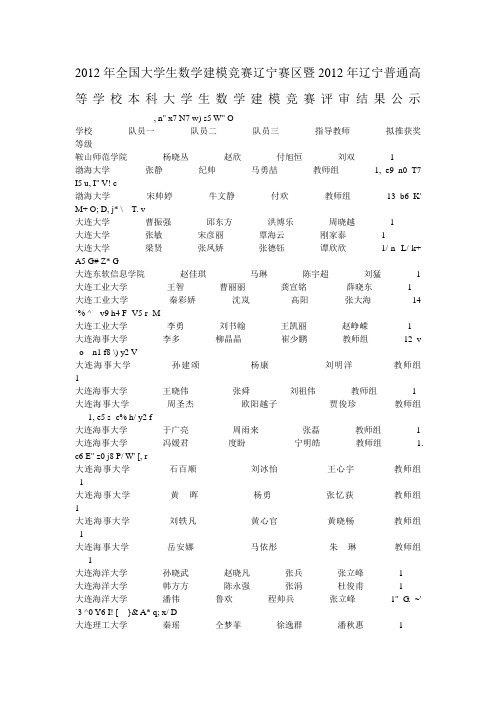 2012年全国大学生数学建模竞赛辽宁赛区暨2012年辽宁普通高等学校本科大学生数学建模竞赛评审结果公