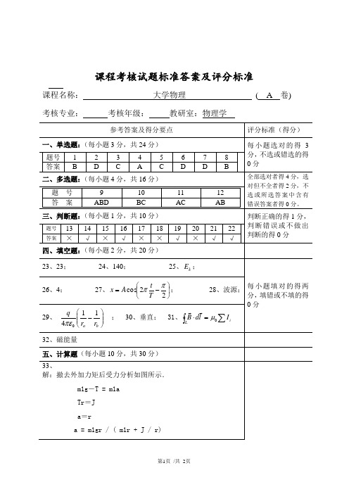 《大学物理》(A卷)标准答案及评分标准