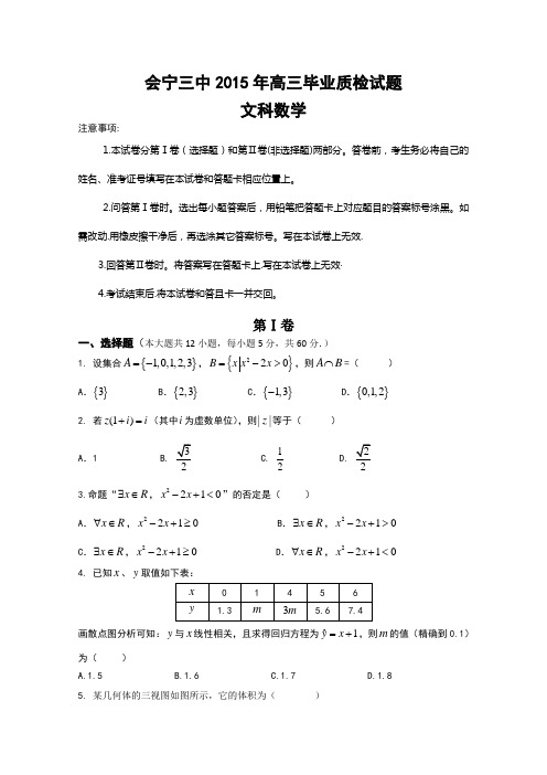 甘肃省会宁三中2015届高三毕业质检模拟数学文试题 Word版含答案