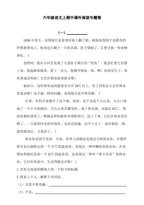 六年级语文上期中课外阅读专题卷  含答案 人教统编版